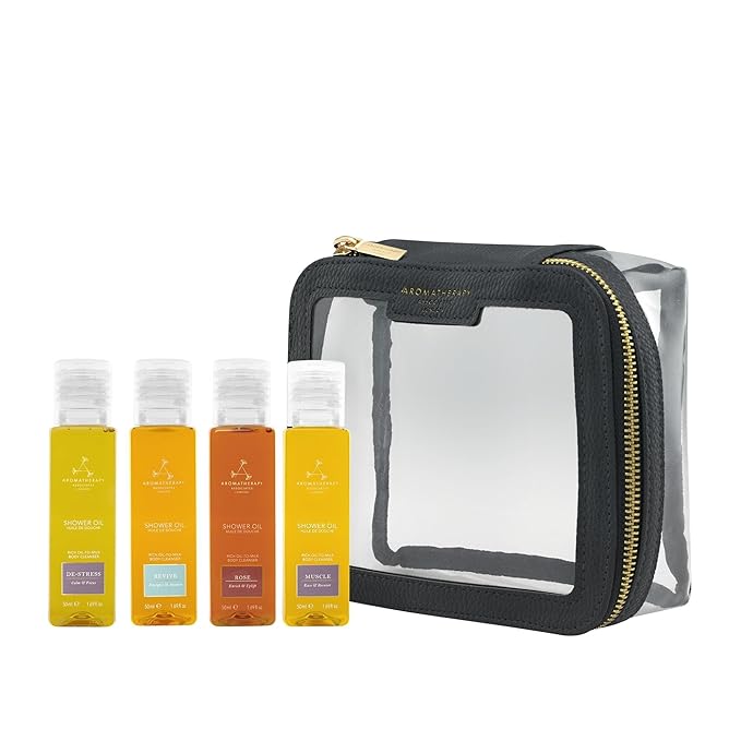 Aromatherapy Associates Mini Shower Oil Travel & Discovery Collection. 4 Premium Shower Oils (50ml each) and Handy Travel Case. Includes Revive, De-Stress, Muscle and Rose Blends (1 count)