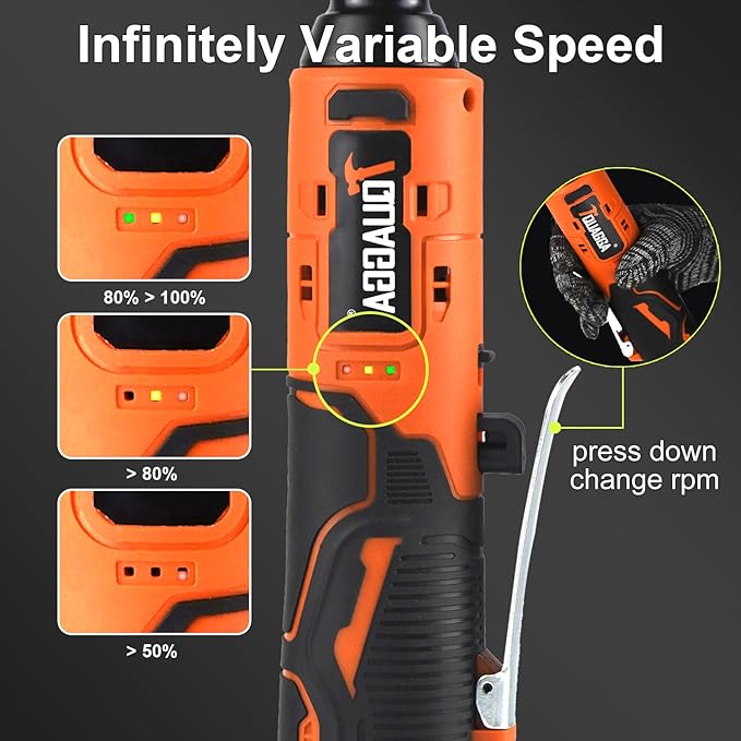 3/8" Cordless Electric Ratchet Wrench Set, 18V Power Ratchet Tool Kit With 2 Packs 2000mAh Battery And Charger, 45 FT-LBS Battery Powered Extended Wrench with LED Lights (18 V Extended Orange)