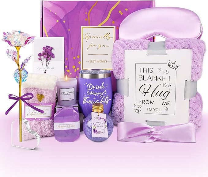 Birthday Gifts for Women Self Care Gifts Get Well Soon Gifts, Rose Relaxing Spa Gifts Basket Care Package, Luxury Flannel Blanket, Unique Mothers Day Idea Gifts for Mom Her Grandma Friend Sister Wife