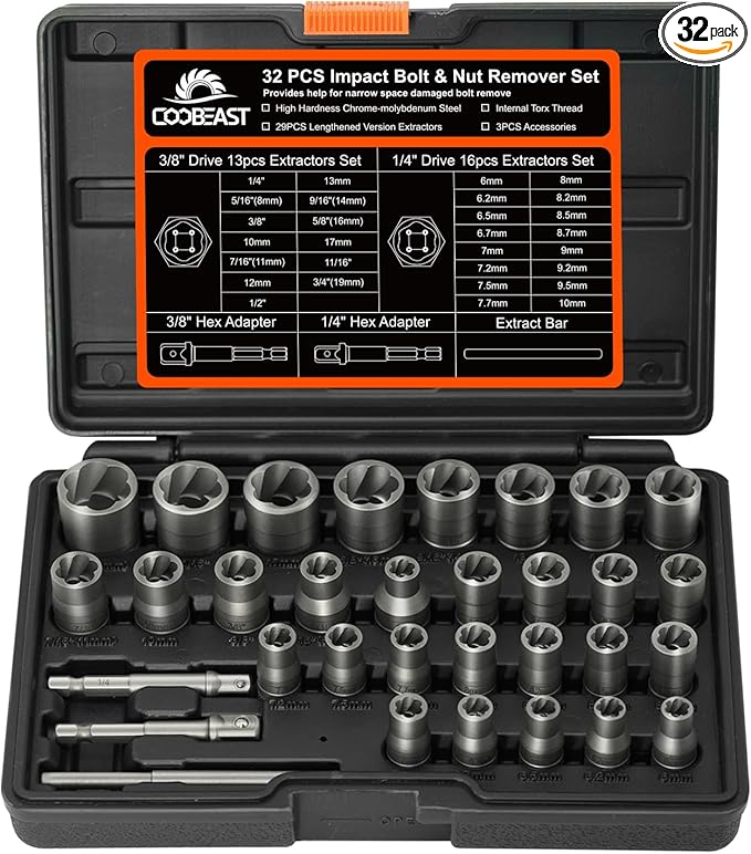 Bolt Extractor Kit, 32Pcs Impact Bolt & Nut Remover Set, Stripped Bolt Extractor Socket Set for Damaged, Frozen, Rusted, Rounded, Broken Bolts Nuts Screws Remove