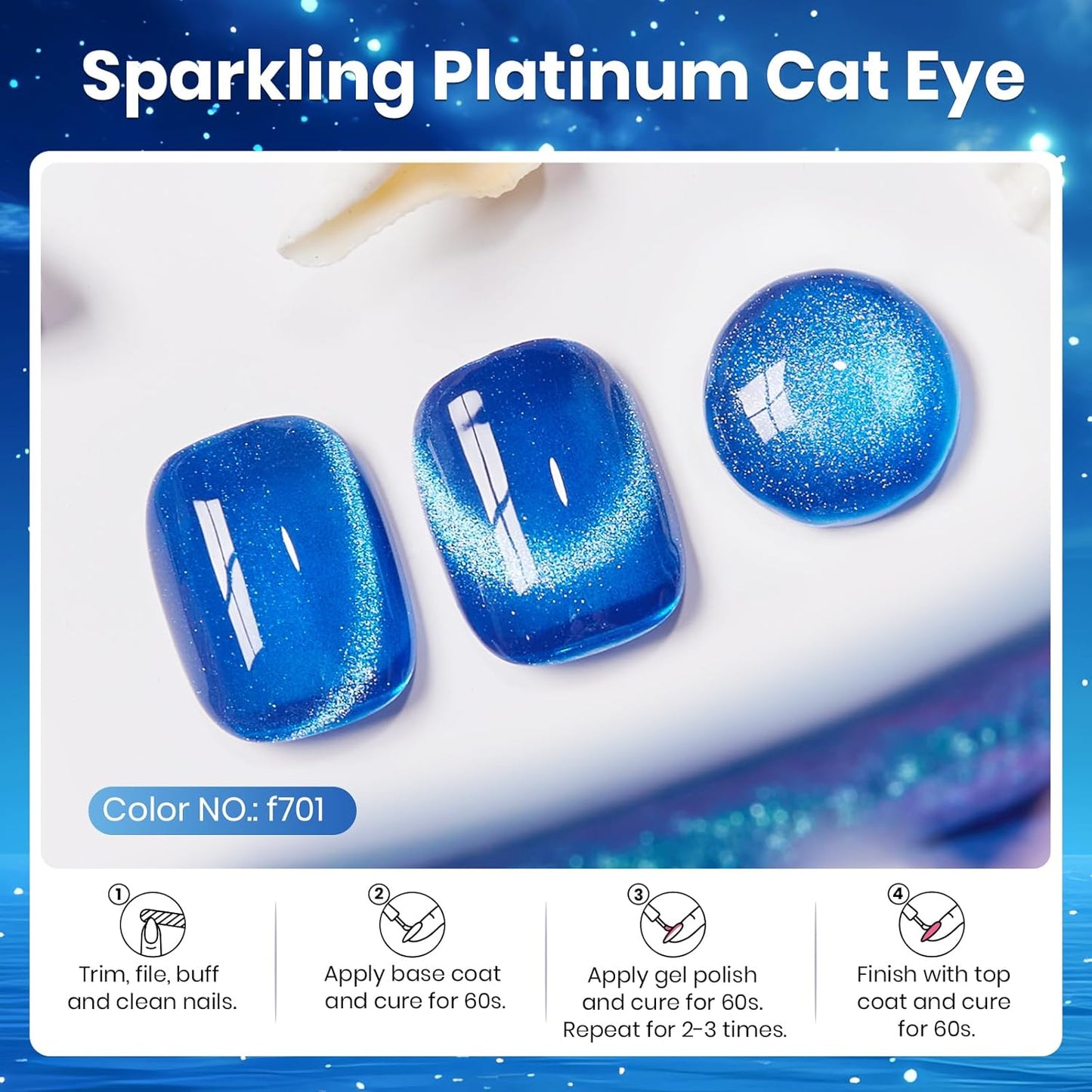 Beetles Blue Cat Eye Gel Polish, 15ML Blue Cat Eye Glitter Gel Polish with Magnet Soak Off UV Shimmer Velvet Gel Stellar Blue Series French Nail Art Manicure Gifts for Women