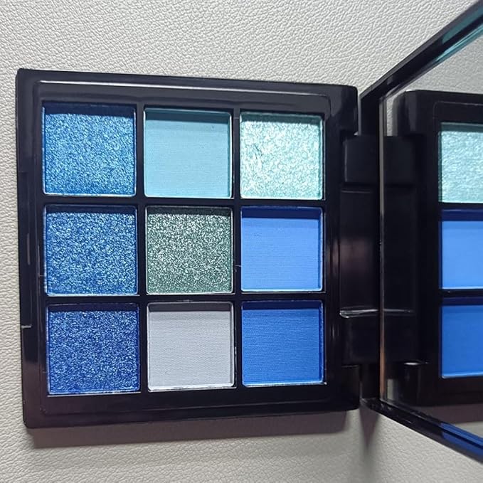 9 Colors Blue Smoky Matte Shimmer Eyeshadow Palette with Mirror for Eye Makeup,High Pigmented Eye Shadow Primers Powder Palet de sombras de ojos
