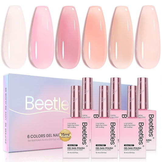 Beetles Nude Pink Gel Nail Polish Set, 6 Colors Hema Free Light Pink Jelly Gel Polish Translucent 15ML Full Size Nail Concealer High Gloss Soak Off UV Salon Spring Colorful Bottle Gel Gift for Women