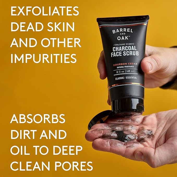 Barrel and Oak - Charcoal Face Scrub with Volcanic Pumice, Men's Exfoliating Scrub, Facial Cleanser, Removes Dead Skin, Absorbs Oil, Cleans Pores, Promotes Beard Growth, Vegan (Bourbon Cedar, 5 oz)