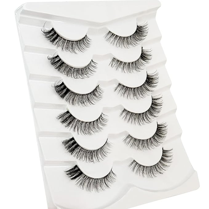 Cat Eye Lash Wispy Lashes False Eyelashes Natural Look, Yasnai 3D Fluffy Fake Lashes Volume Lashes, Natural Fake Eyelash Strips Lashes Natural False Lashes Clear Band 6 Pairs Pack