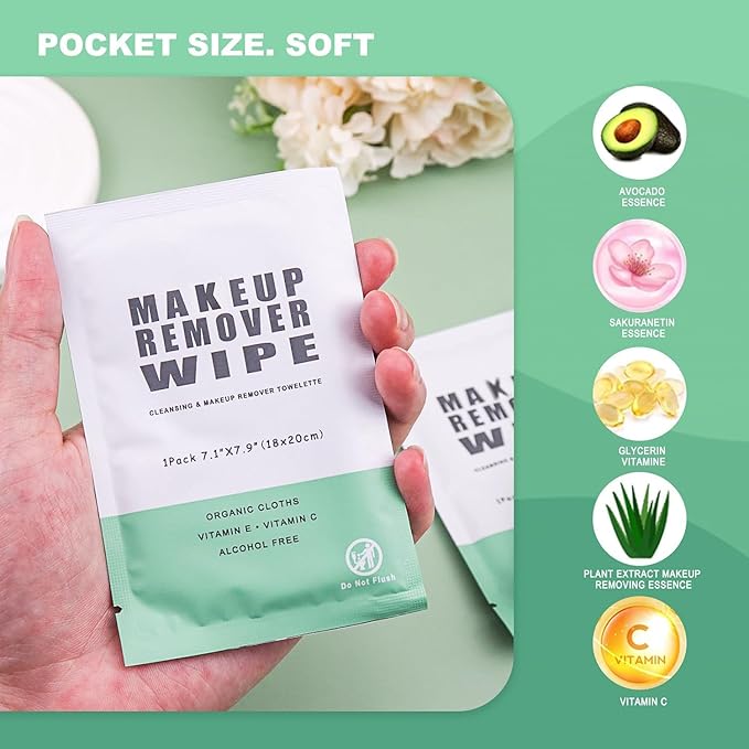 100 pcs Disposable Skin Cleansing Wipes, Individual Wrapped, Safe, Convenient, Lightweight, Remove Makeup(Green)