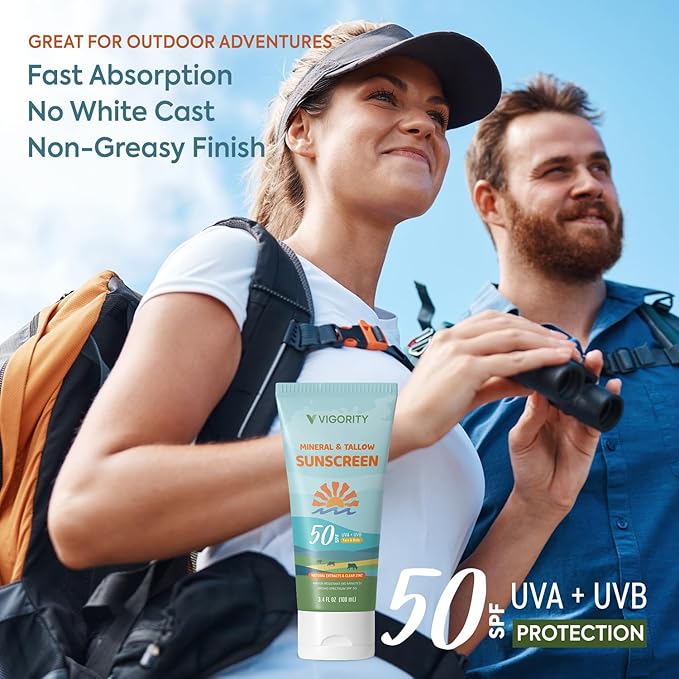 Beef Tallow Sunscreen with Zinc Oxide: Natural Non-Toxic SPF 50 Tallow Sunblock Cream for Face & Body - with 10 Food-Grade Botanical Extracts (SPF 50 (Pack of 2))