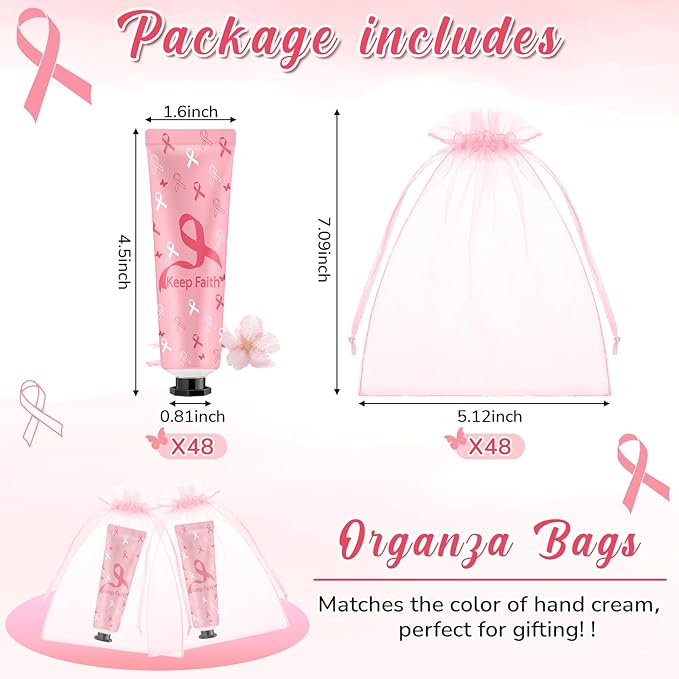 48 Sets Breast Cancer Awareness Pink Ribbon Hand Cream Gifts Bulk Baby Shower Hand Cream Travel Size Lotion Bulk Fall Thanksgiving Party Supplies Favors Birthday Wedding for Guest