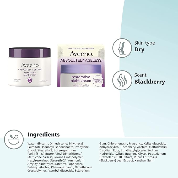 Aveeno Absolutely Ageless Restorative Night Cream Facial Moisturizer with Antioxidant-Rich Blackberry Complex, Vitamin C & E, Hypoallergenic, Non-Greasy & Non-Comedogenic, 1.7 fl. oz (Pack of 2)