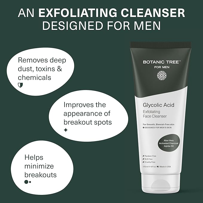 Botanic Tree Glycolic Acid Exfoliating Face Wash for Men - Facial Exfoliating Cleanser, Face Scrub - 2.5% Glycolic Acid with Activated Charcoal - 6 fl oz