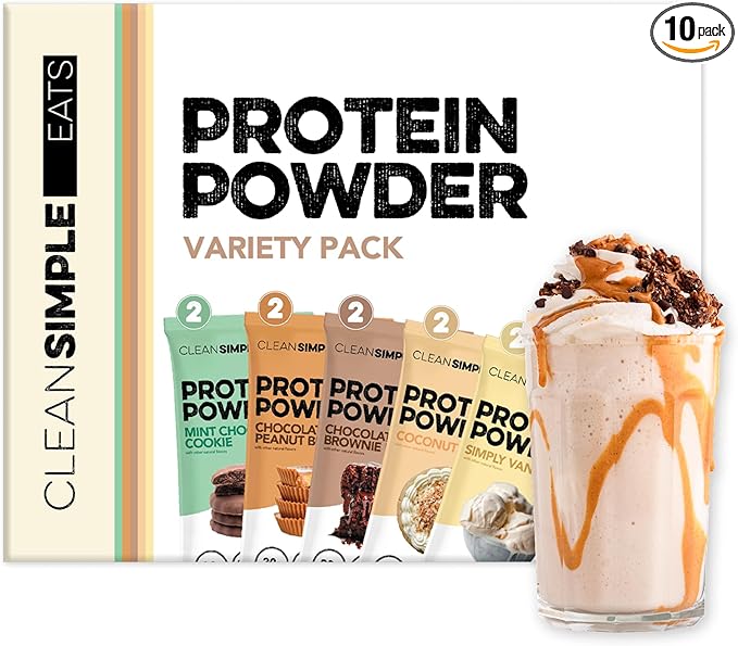 Clean Simple Eats Whey Protein Powder, Variety Pack, Naturally Sweetened Flavors, 100% Grass Fed Protein Powder with Digestive Enzymes & No Artificial Ingredients, Gluten Free, 10 Single Serve Packs