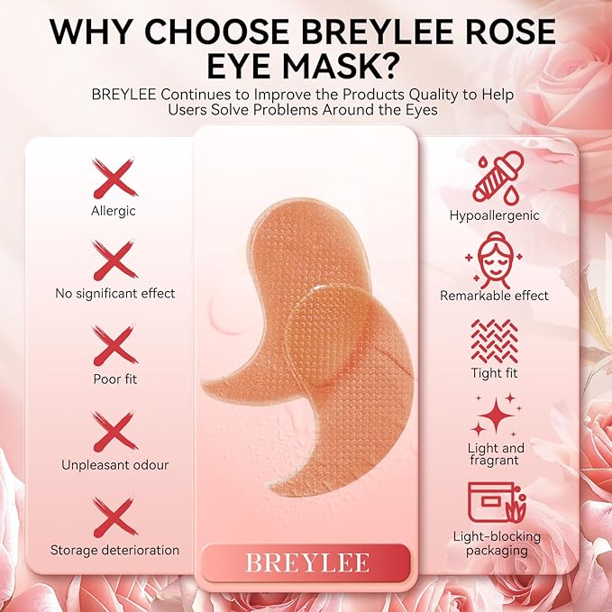 BREYLEE Rose Eye Mask, Under Eye Patches with Collagen & Hyaluronic Acid, Treat Puffy Eyes, Dark Circles, Wrinkles & Fine Lines, Smoothing Skin Care for Women & Men - 60 Pcs