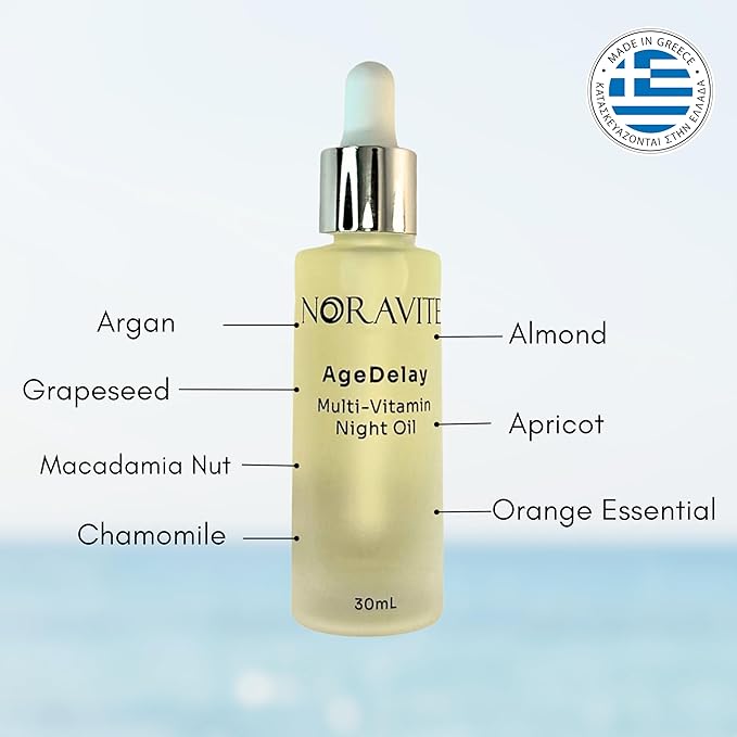 AgeDelay Multi-Vitamin Night Facial Oil - Intensive Skin Tightening Oil & Moisturizer - Nourishes Protects & Rejuvenates - Antioxidant Serum w/Vitamin E, Omega 3,6,9 & Seaweed - 30ml
