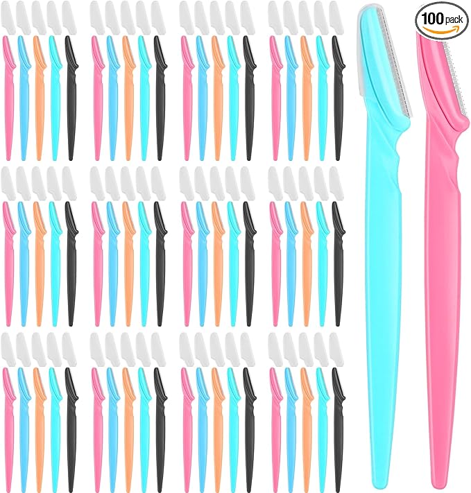 100 Pcs Eyebrow and Face Razors for Women and Men, Multi-Color Facial Shavers with Protective Covers, Safe for Beginners