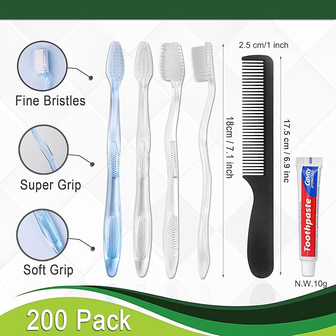 200 Pack Disposable Toothbrushes with Toothpaste and Comb for Homeless Individually Wrapped,10g Travel Toothpaste,7inch Black Hair Comb