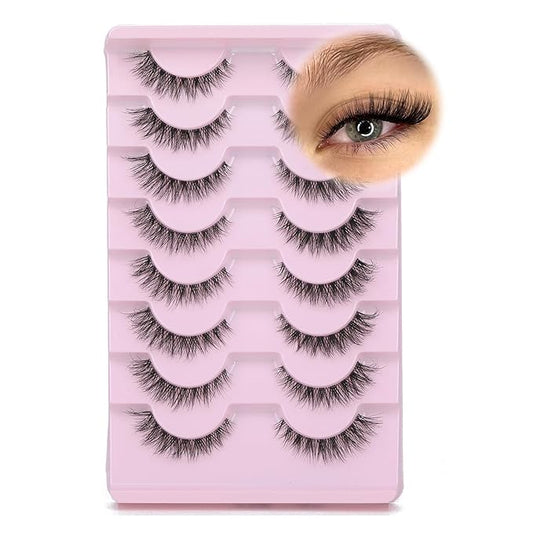 Cat Eye Lashes 8 Pairs Mink False Eyelashes Natural Look Soft Faux Mink Lashes Fluffy Wispy Lashes Handmade Lightweight Fox Eye D Curl Comfortable Clear Band Eyealshes