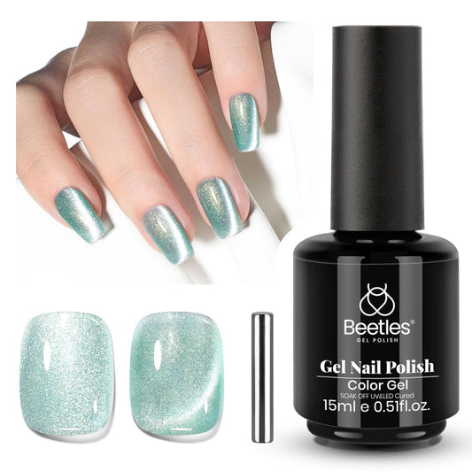 Beetles Green Cat Eye Gel Polish, 15ML Mint Green Cat Eye Glitter Gel Polish with Magnet Soak Off UV Shimmer Velvet Gel Mint Stardust Series French Nail Art Design Manicure Gifts for Women