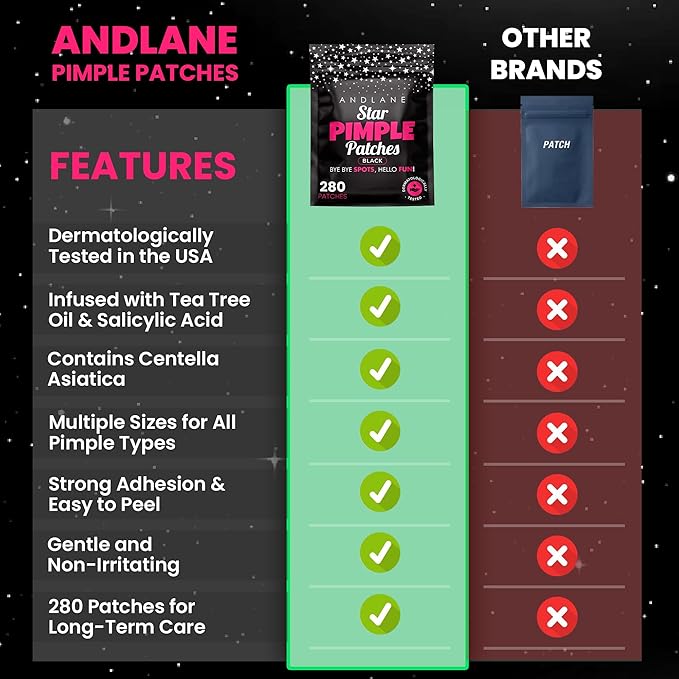 Andlane 280Pcs Star Pimple Patches for Face - Pimple Patches Cute Stars - Hydrocolloid, Salicylic Acid, Tea Tree Oil, Centella - Black Color, 3 Sizes Zit Stickers