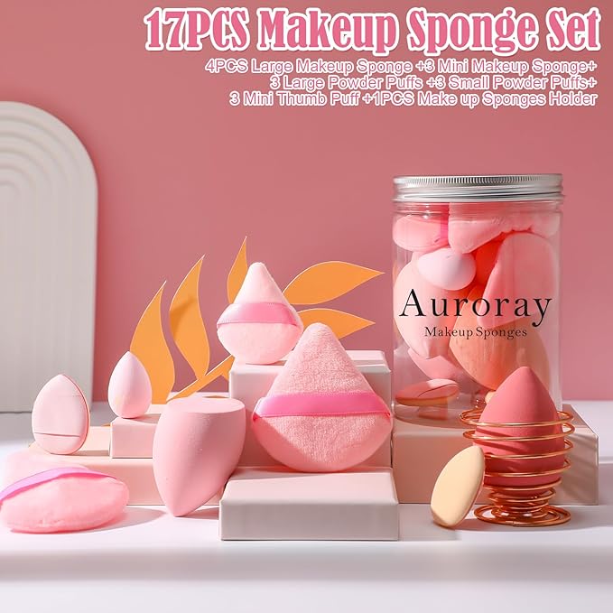 17PCS Makeup Sponge Set with 6PCS Powder Puff, 3PCS Mini Makeup Sponges, 3PCS Foundation Mini Make Up Sponge Puff and 1PCS Make Up Sponges Holder (Pink)