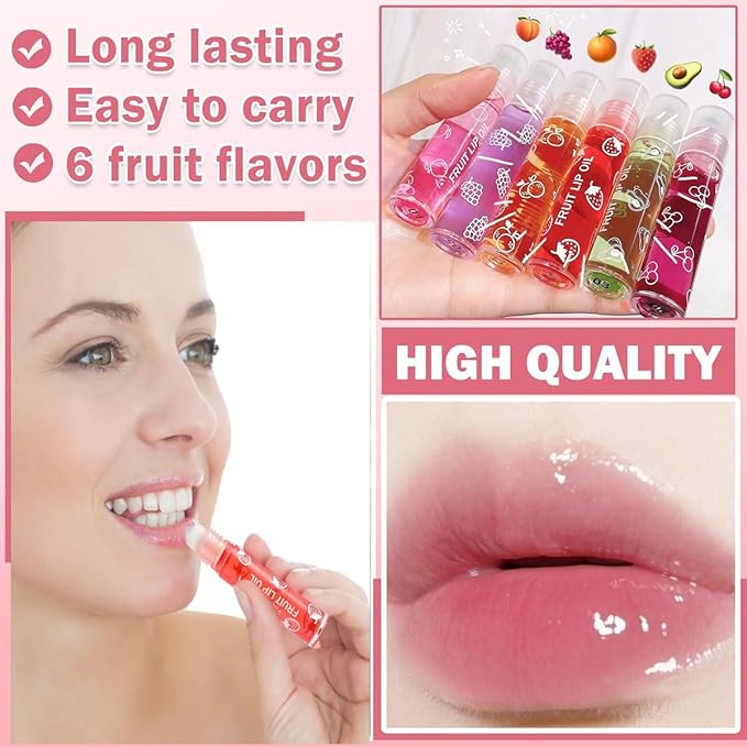 6Pcs Roll-On Lip Gloss Set,Fruit Flavored Roll On Rollerball Lip Oil,Transparent Plumping Lip Gloss for Teens and Kids,Non Toxic Lip-Makeup Set