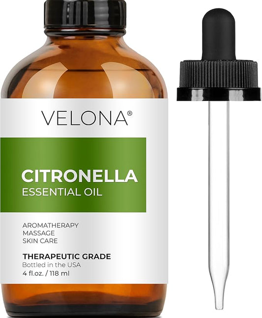 Citronella Essential Oil by Velona - 4 Fl Oz | Therapeutic Grade 100% Pure and Natural | for Aromatherapy Diffuser, Massage, Skincare, Haircare, Soapmaking | Undiluted and Multipurpose in Glass Bottle