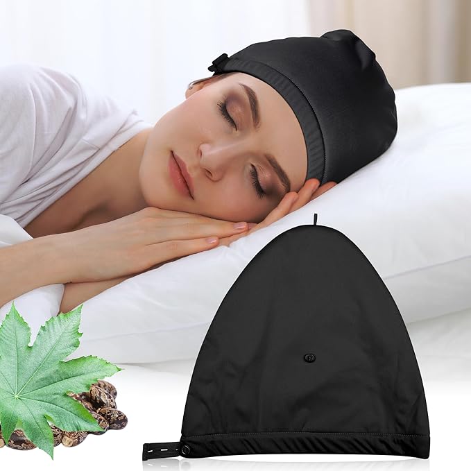 Castor Oil Pack Wrap for Head,Elastic and Reusable Hat Organic Cotton for Women Sleeping,Double Waterproof Layers Castor Patch Kit for Thinning, Balding, Dry and Damaged Hair