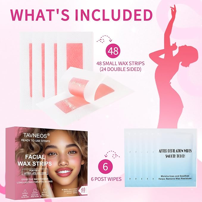 48PCS Facial Wax Strips for Hair Removal(48 Face+6 Soothing Wipes) Facial Hair Removal for Women, Waxing Kit for Women's Face, Bikini, Chest, Body, Arms, Legs, Back, & Brazilian