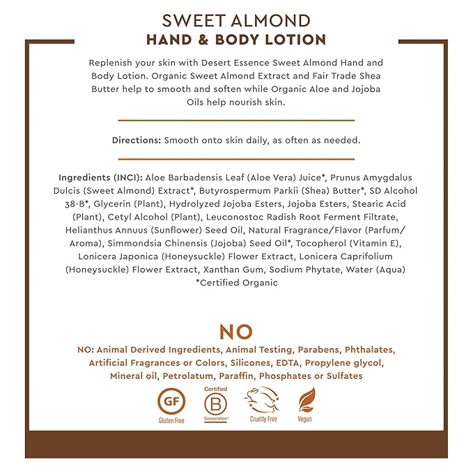 Desert Essence Hand and Body Lotion, Sweet Almond, 8 oz