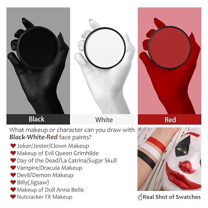 Black + White + Red Face Body Paint, Water-Based Face Painting Kit Professional, Large Capacity SFX Makeup Set with brush & Powder puff, Sponge for Halloween Makeup Clown, Cosplay, Stage
