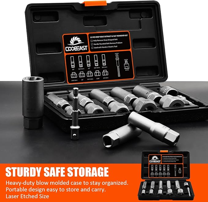 12Pcs Bolt Extractor Set, Easy Out Deep Bolt Extractor Kit for Stripped Broken Rounded Bolts Lug Nut Spark Plugs Stud Remove, Bolt Extractor Socket Set with Adapters