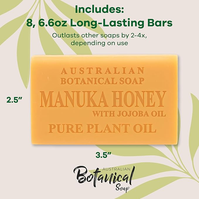 Australian Botanical Soap, 6.6 OZ, Manuka Honey and Jojoba Oil, Triple Milled Bars made with a Natural Soap Base and Enriched with Organic Shea Butter, Pack of 8