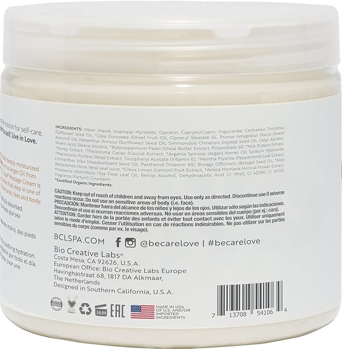 BCL SPA Massage Cream Organic Milk & Honey with White Chocolate Body Lotion, Shea Butter, Aloe Vera, Arnica, Peppermint, Kelp, Tea Tree, Olive, Argan, and Jojoba Oils, Home/Professional Use, 16 fl oz