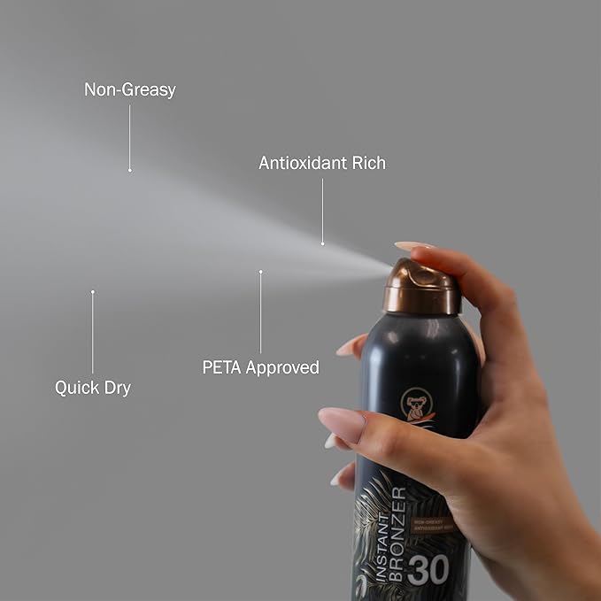 Australian Gold Continuous Spray Sunscreen with Instant Bronzer SPF 30, Immediate Glow & Dries Fast Water Resistant NonGreasy Oxybenzone Free Cruelty Free, Bronzer New, Orange, 6 Oz