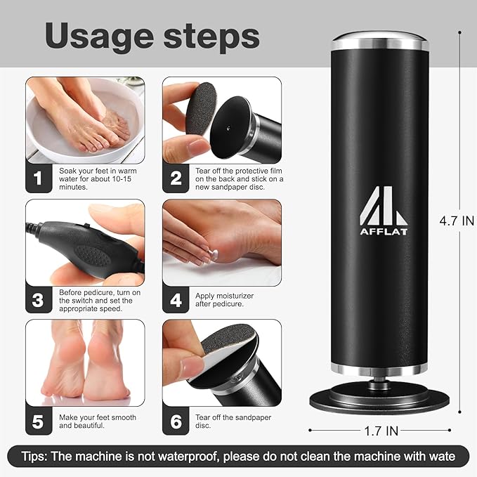AFFLAT Electric Foot Callus Remover, Adjustable Speed (0-800Rpm), Adjustable Speed Foot Scrubber with 60 Pcs Sandpaper Discs,Professional Pedicure Tool, Electric Callus Remover for Feet,Black