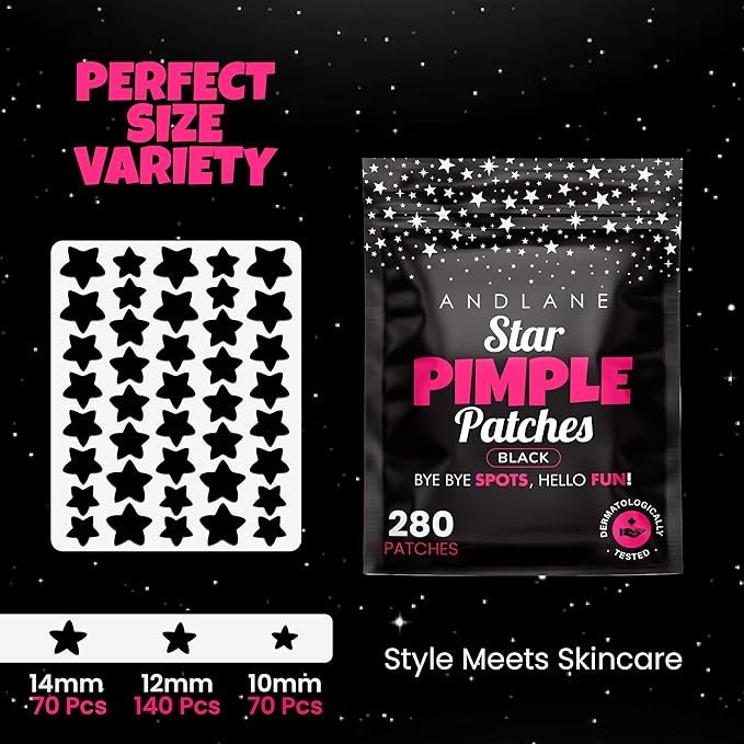 Andlane 280Pcs Star Pimple Patches for Face - Pimple Patches Cute Stars - Hydrocolloid, Salicylic Acid, Tea Tree Oil, Centella - Black Color, 3 Sizes Zit Stickers