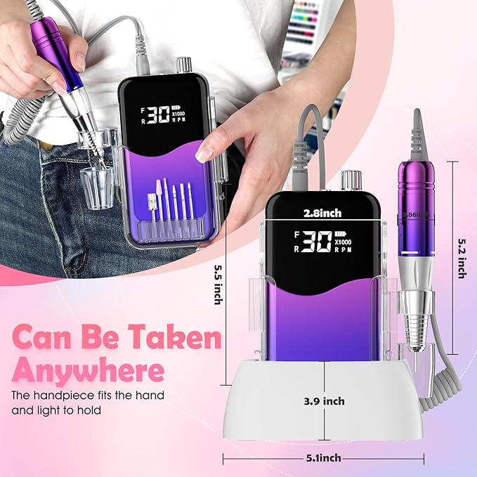 CIVPOWER Nail Drill Professional: 35000RPM Electric Nail File - Portable Rechargeable LED Display Nail Tool Kit- Manicure Pedicure Salon Home DIY (Blue Purple)