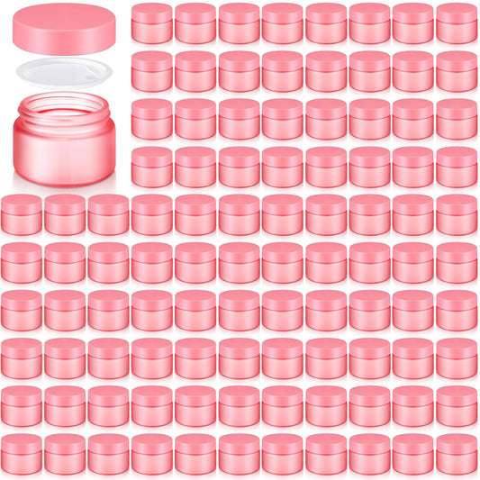 Domensi 100 Pcs 1 oz Glass Jars with Lids Bulk Round Glass Cosmetic Jars Lids 1 oz Small Travel Containers with Inner Liner for Lotions Powders Ointments Sample Cream (Pink,Pink)
