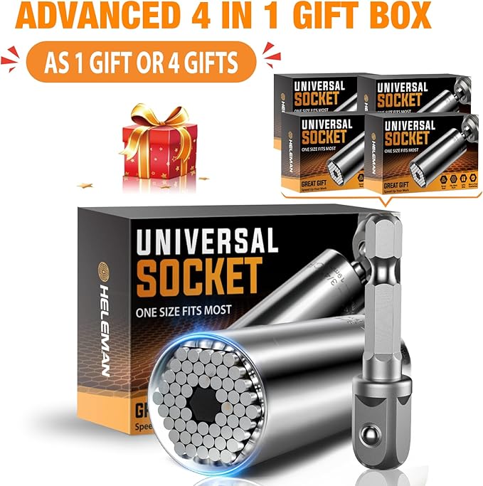 Christmas Stocking Stuffers Mens Gift Super Universal Socket -4 PACK Tool Gifts for Men Socket Set with Power Drill Adapter(7-19 MM) Cool Stuff Gadgets for Birthday Gift for Women Fathers Dad