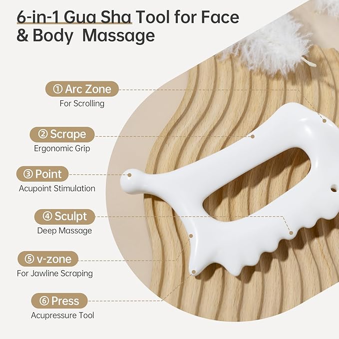 6-in-1 Ceramic Body Gua Sha Tool,Guasha Massager Tool for Body and Lymphatic Drainage,Gua Sha Facial Tool for Jaw Lifting&Puffiness,Muscle Scraper for Stress Relief,Self Care Gifts for Women
