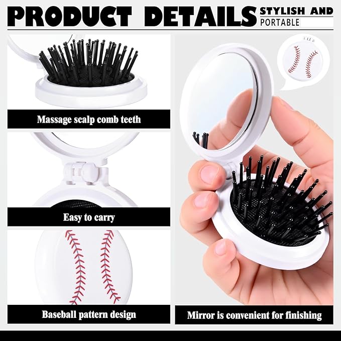 12 Set Baseball Gifts for Team Mini Hair Brush with Ribbons Baseball Hair Accessories, Soft Flexible Mini Travel Hair Brush for Girls Baseball Party Favors