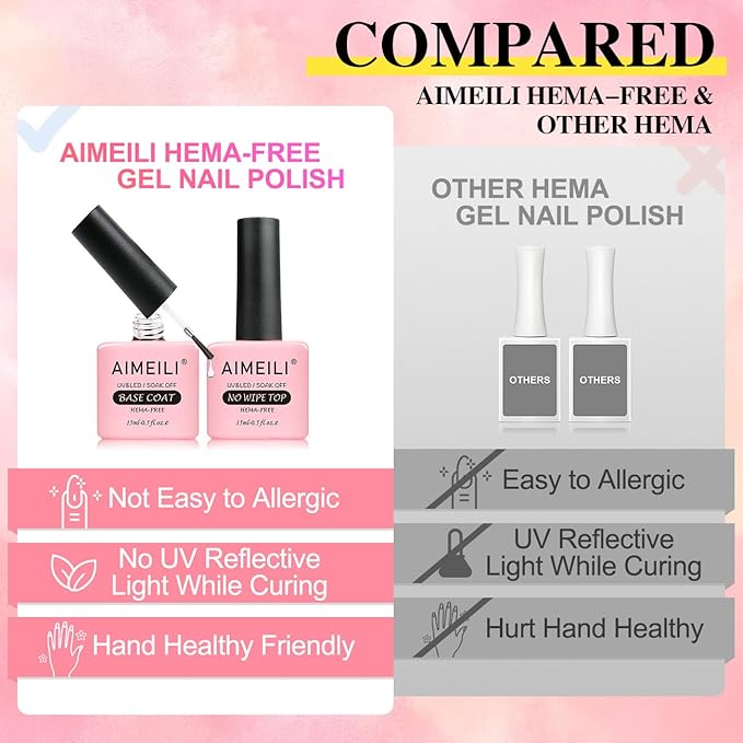 AIMEILI Hema Free No Wipe Top Coat Base Coat & Cuticle Oil Set, Glossy Shine Gel Top Coat Long Lasting DIY Home Gel Nail Lamp Required, Cuticle Oil Care for Nails