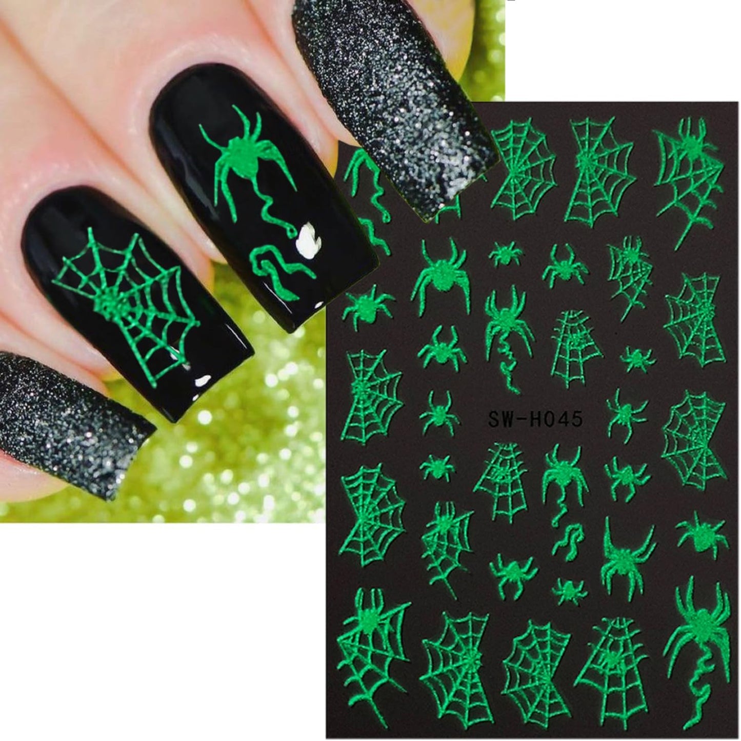 6 Sheets Halloween Nail Decals for Nail Art Glow in The Dark Spider Web Skeleton Nail Art Stickers Hand Bones Skull Nail Stickers 3D Self-Adhesive Spider Nail Supplies for Women Holiday Nails Designs