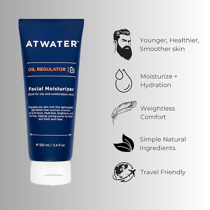 ATWATER Oil Regulator Men's Face Moisturizer, Oil Control Complex with Salicylic Acid and Niacinamide, Lightweight Unscented Formula for Oily Skin - 3.4 oz (2-Pack)