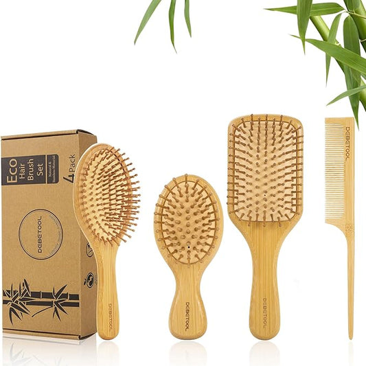 Bamboo Hair Brush and Comb Set for Women Men and Kids,Natural Bamboo wood Wide-tooth brush and tail comb - Paddle Detangling Brush for Wet Dry Curly Hair