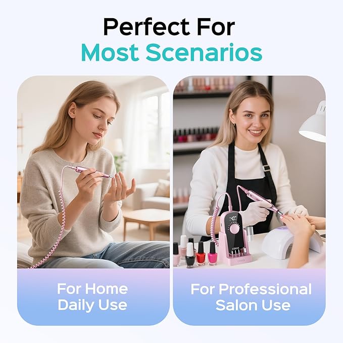 COSLUS Professional Rechargeable Electric Nail Drill 40000 RPM, Portable Nail File with Storage Stand for Acrylic Gel Polishing Removing - Easy to Use for Women, Manicure at Home DIY or Salon, Pink