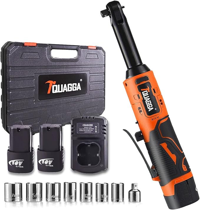 3/8" Cordless Electric Ratchet Wrench Set, 18V Power Ratchet Tool Kit With 2 Packs 2000mAh Battery And Charger, 45 FT-LBS Battery Powered Extended Wrench with LED Lights (18 V Extended Orange)