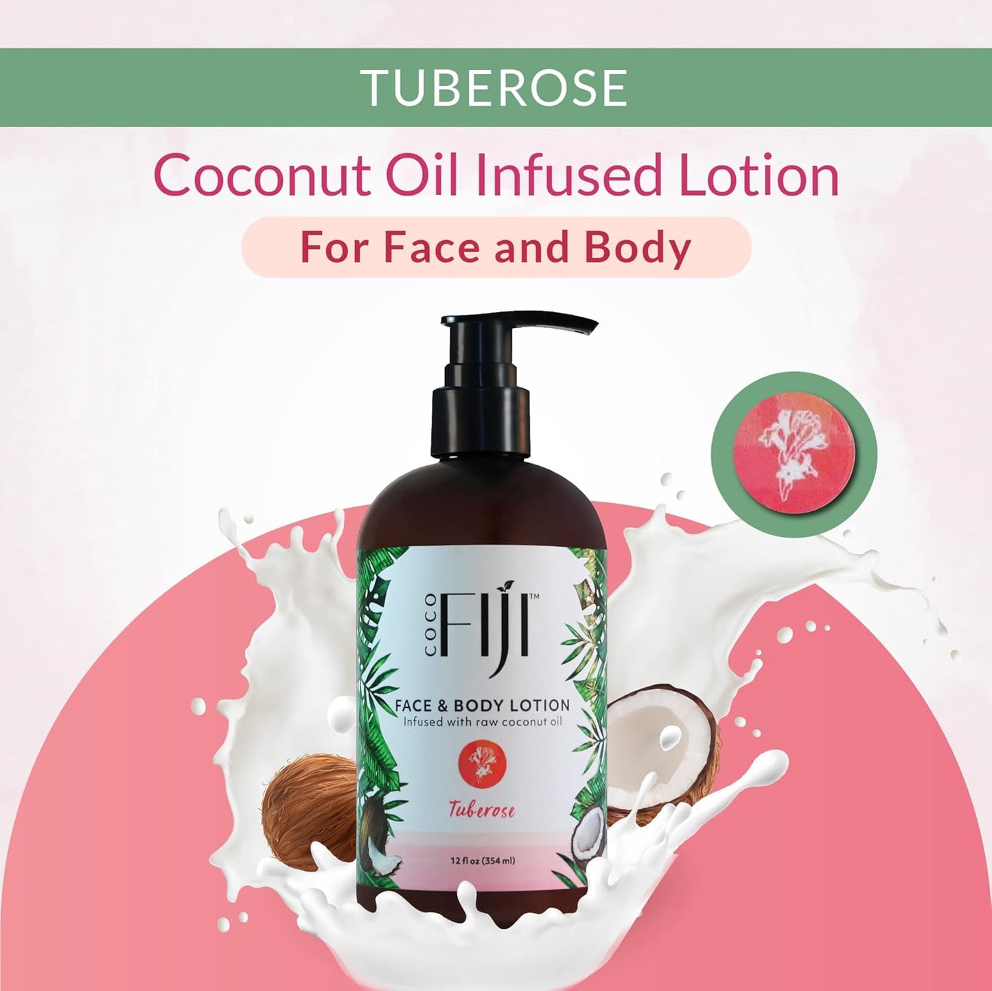 Coco Fiji Face & Body Lotion Infused With Coconut Oil | Lotion for Dry Skin | Moisturizer Face Cream & Massage Lotion for Women & Men | Tuberose 12 oz, Pack of 1