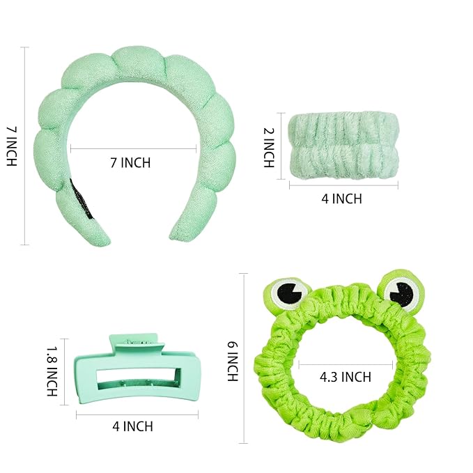 7 Pcs Spa Set, Facial Spa Headband and Wristband Set, Skincare Headband, College Style Girl Gift, Hair Accessories for Women and Girls (Green) ﻿