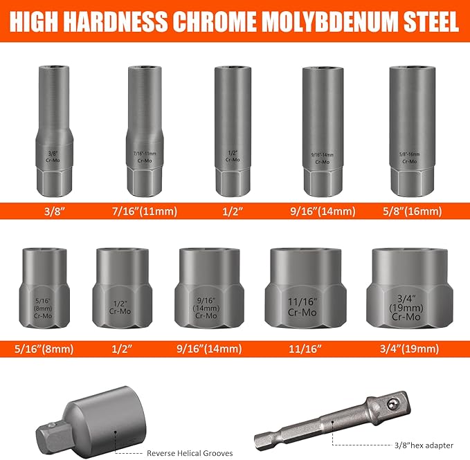 12Pcs Bolt Extractor Set, Easy Out Deep Bolt Extractor Kit for Stripped Broken Rounded Bolts Lug Nut Spark Plugs Stud Remove, Bolt Extractor Socket Set with Adapters
