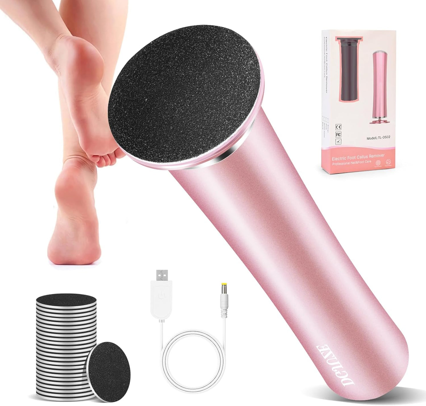 Cordless Electric Foot Callus Remover,Rechargeable Grinder Tool for Feet Dead Skin,Professional Pedicure File Heel Sander with 60pcs Replacement Sandpaper Pads(Pink)
